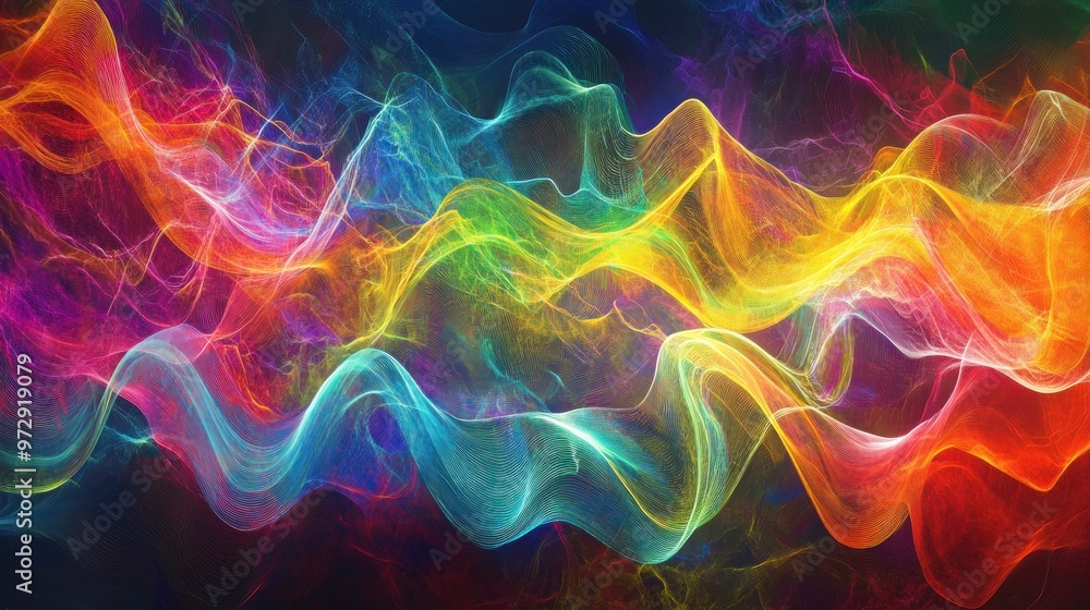 Poster abstract digital art of electromagnetic wave patterns, using vivid colors to represent different wav