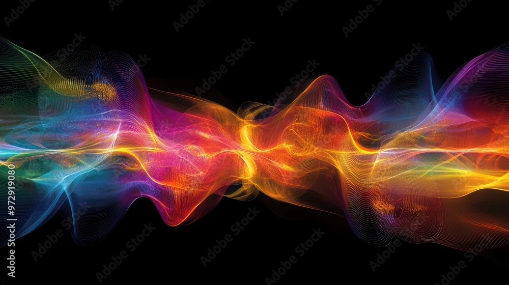 Poster abstract digital art of electromagnetic wave patterns, using vivid colors to represent different wav