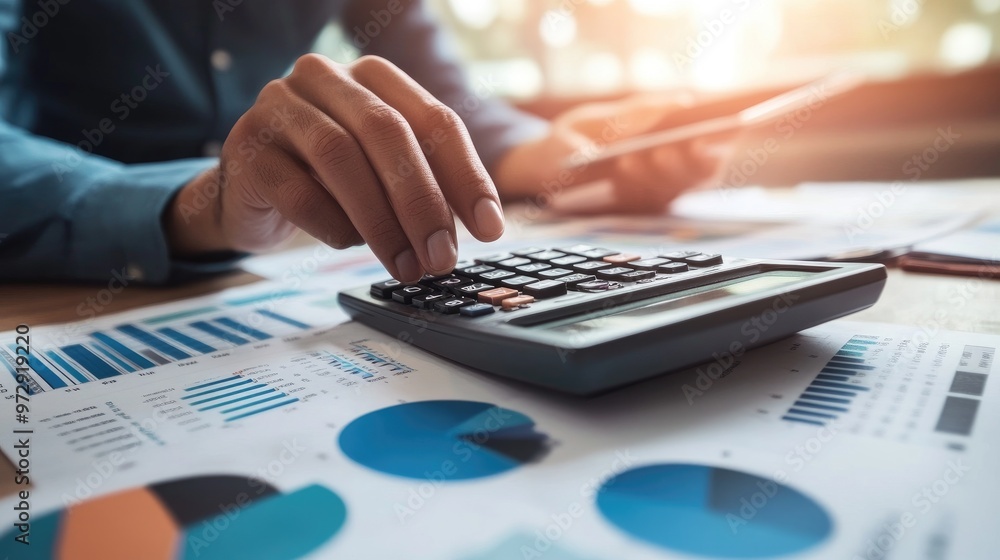 Poster a close-up of a hand using a calculator with financial statements and graphs on the desk, representi