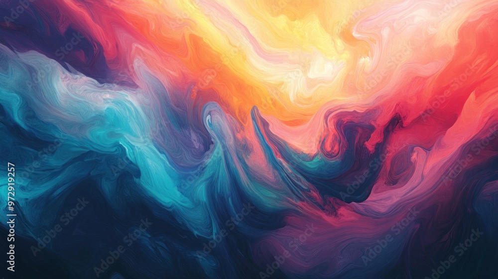 Poster an abstract digital painting with vibrant swirling colors that create a dynamic sense of movement, m