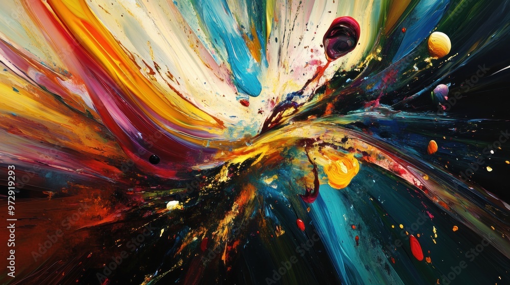 Poster an abstract expressionist painting digitally recreated with splashes of vibrant colors that appear t