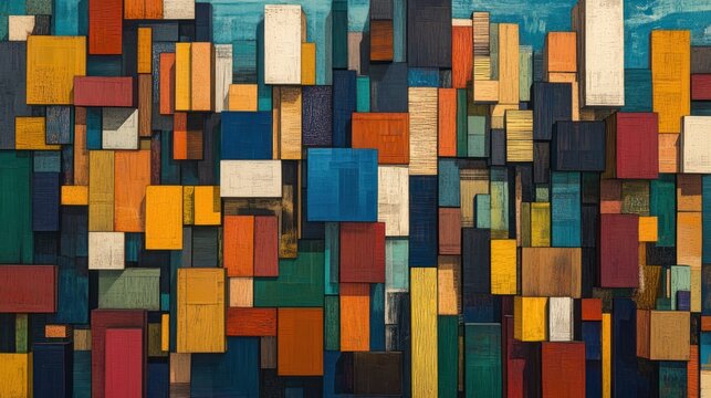 An abstract representation of a cityscape, where buildings are simplified into rectangular blocks of varying heights and colors, portraying an urban grid