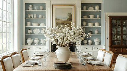 Elegant dining room with a large table, floral centerpiece, and decorative shelves.