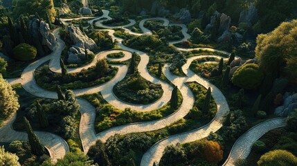 An aerial view of a maze garden, showcasing the intricate paths and dimensional design from a bird's-eye perspective