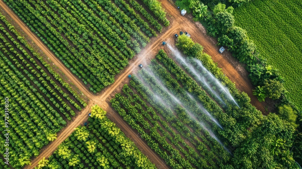 Poster an aerial view of a smart irrigation system in a large farm, with sensors and automated sprinklers d