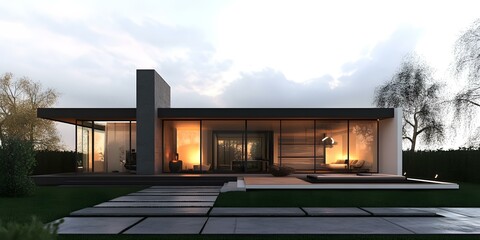 Fototapeta premium Modern Minimalist House Exterior With Glass Walls And Large Windows