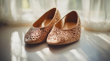 A close-up of a pair of chic ballet flats with intricate designs, set on a clean, bright background, emphasizing their fashionable and versatile style.
