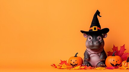 Adorable baby hippo wearing a witch hat, surrounded by pumpkins and autumn leaves, in a spooky Halloween night setting Baby hippo, Halloween theme