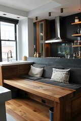 Modern Kitchen with Wooden Table and Bench