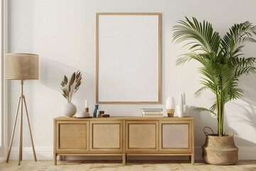 Mockup frame on cabinet in living room. Generative Ai.