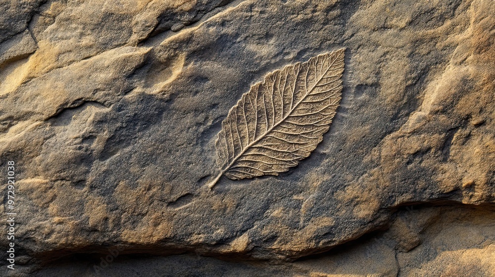 Poster fossilized leaf imprint on rough stone surface