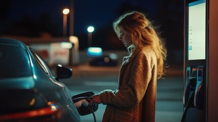 At the electric gas station, a woman is charging an electrocar.

