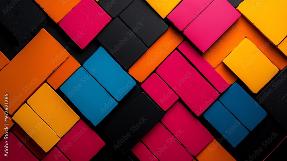 Poster a vibrant composition of colorful geometric shapes creating an abstract pattern, suitable for modern