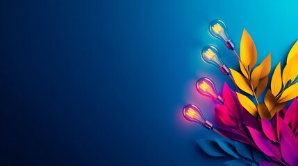 A vibrant composition of colorful leaves and glowing bulbs against a blue background, perfect for creative and modern designs.