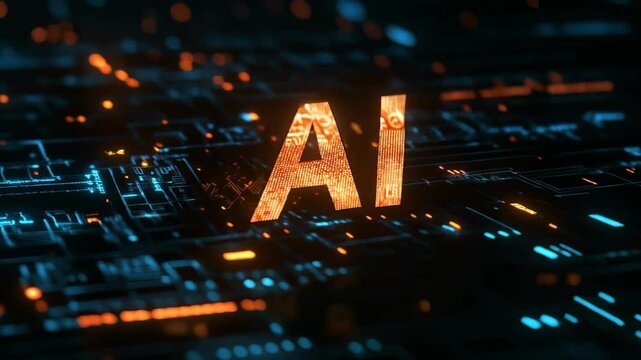3D animation of the word AI in bright neon colors on a technology background
