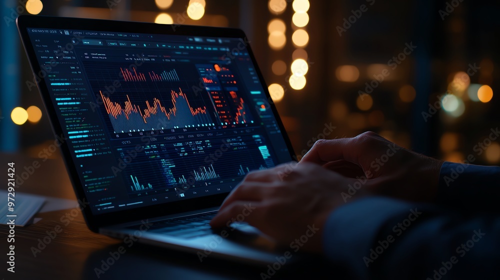 Poster close-up of a laptop screen displaying data analytics and financial charts, ideal for business and t