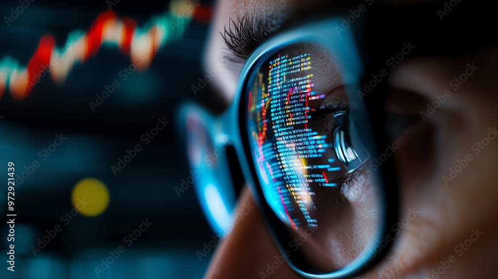 Poster close-up of a person's eye reflecting colorful data and graphs, symbolizing technology, analytics, a