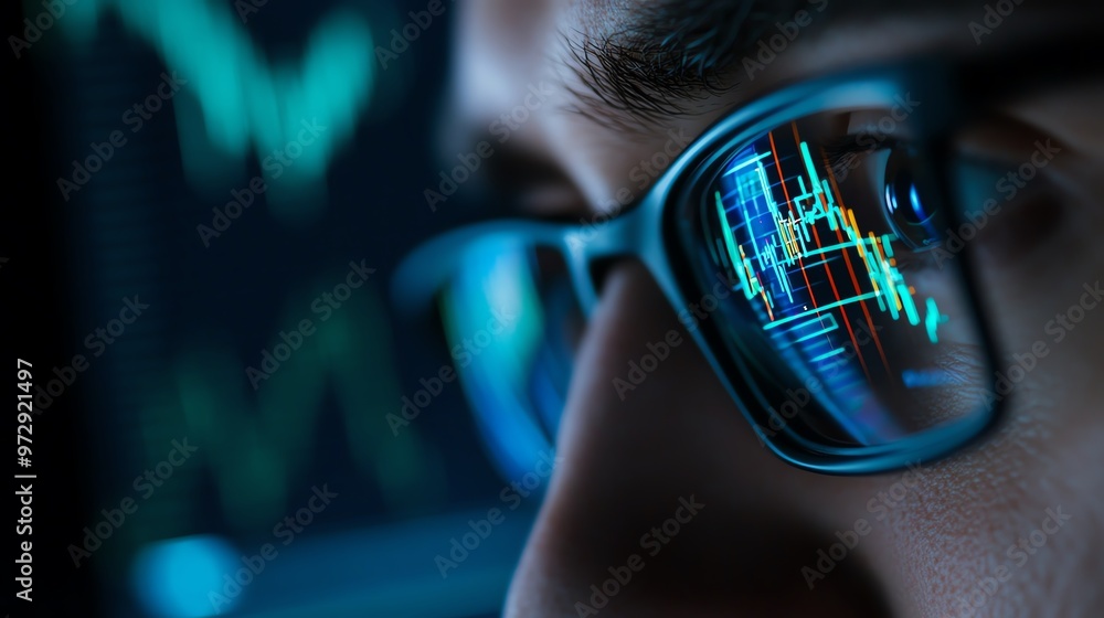 Poster Close-up of a person observing data analytics through glasses, reflecting graphs and growth metrics for modern business insights.