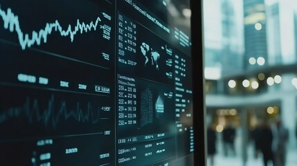Fototapeta premium Digital financial data dashboard displays market trends and analytics in a busy urban environment