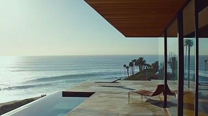 Modern beachfront villa with infinity pool overlooking the ocean at sunset in a tranquil coastal setting