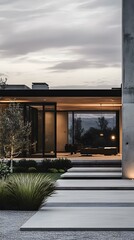 Fototapeta premium Modern Minimalist House Exterior Design With Concrete Patio And Grass