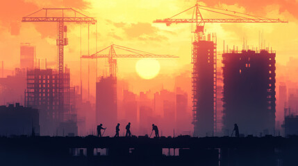Fototapeta premium Construction workers building a skyscraper with cranes in the background