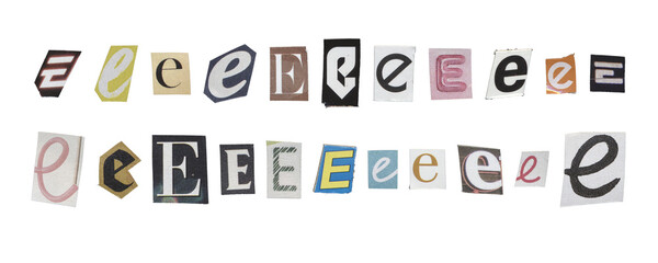 Set of isolated cut-out letter “E” from magazines on a transparent background, retro y2k style