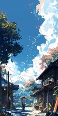 Obraz premium Japanese Village Illustration with Blue Sky and Mountains