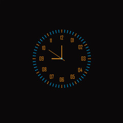 Fototapeta premium Sleek black analog black watch with vibrant blue and orange markers and hands, encased in a glossy frame with triangular decorative elements. Ideal for modern design, technology, and fashion projects.