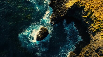 Obraz premium Aerial view of rocky coastline with vibrant blue waves crashing against the shore during sunny daylight hours
