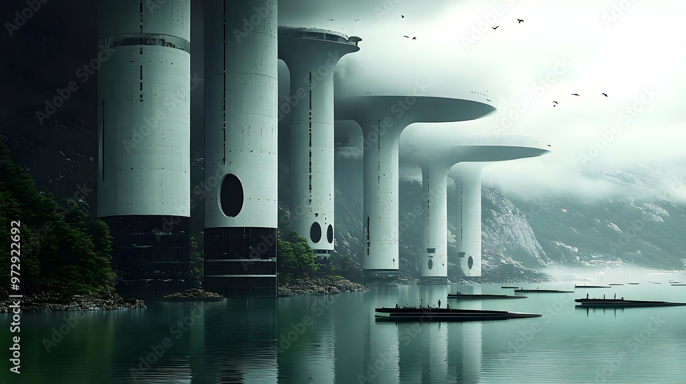 Poster futuristic structures rise above a misty lake, blending nature with advanced architecture.