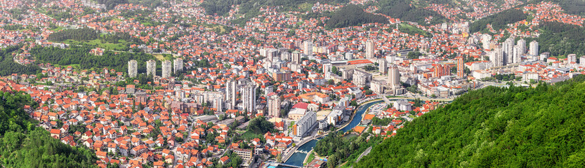 Beautiful city view of Uzice city, Serbia from above, highlighting the European architecture and the vibrant landscape