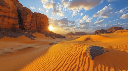 Serene desert landscape at sunset with dramatic clouds.