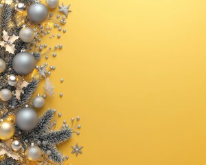 Christmas yellow background with Christmas balls and gray decorations