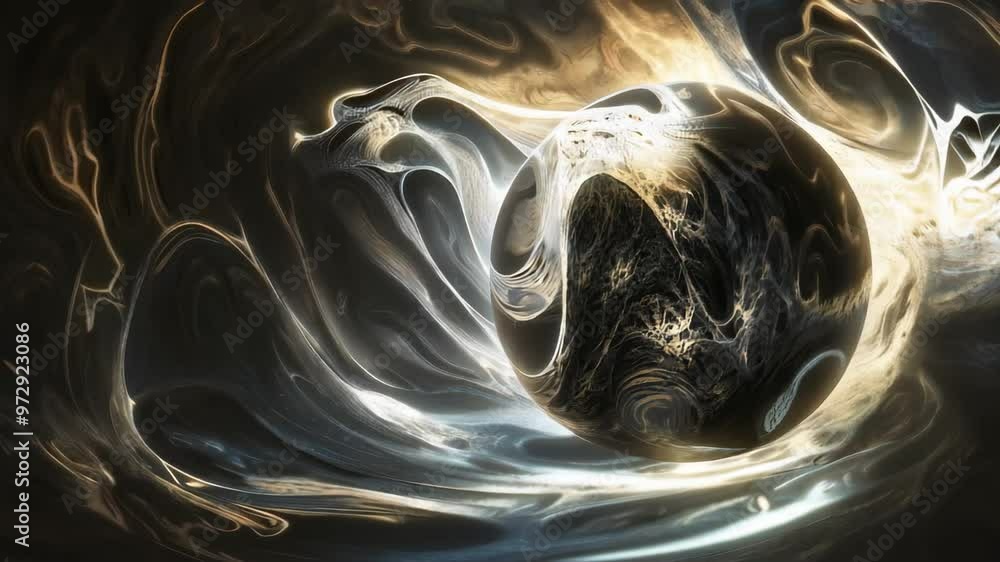 Poster 3d animation of an abstract sphere surrounded by swirls of light and shadow