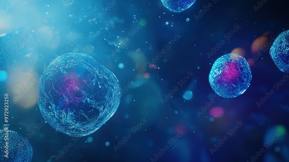 Poster colorful close-up of dynamic cells in a vibrant microscopic environment with soft lighting and blurr