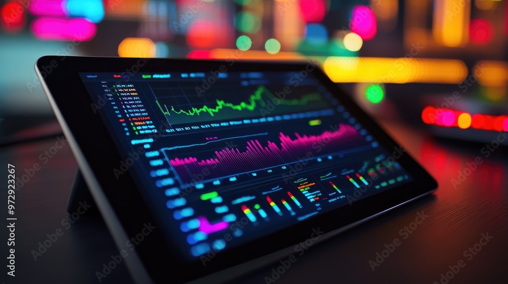Poster a close-up of a tablet and computer screen displaying interactive financial graphs and market data, 