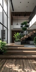 Fototapeta premium Modern House Interior Design With Wooden Stairs And Natural Light