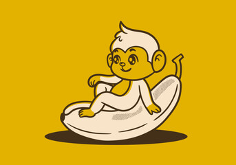 Vintage Mascot character of cute monkey sit on the banana