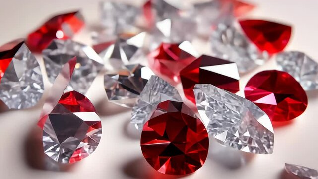 A vibrant display of red and clear gems arranged artistically on a textured surface