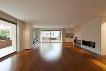 Fototapeta premium Modern Living Room with Fireplace and Sliding Doors