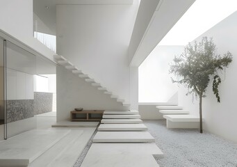 Obraz premium Modern Minimalist Architecture Interior Design With White Staircase And Greenery
