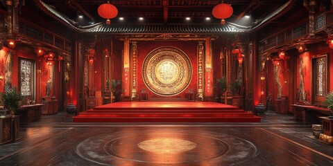 Obraz premium Elegant Red Stage with Lanterns and Gold Elements