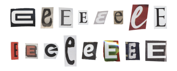 Set of isolated cut-out letter “E” from magazines on a transparent background, retro y2k style