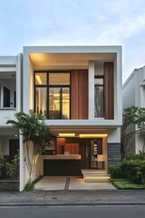 Fototapeta premium Modern Minimalist House Design with Wooden Accents and Large Windows