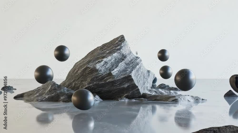 Aufkleber 3d animation of a gray rock with floating black spheres against a background of minimalistic space