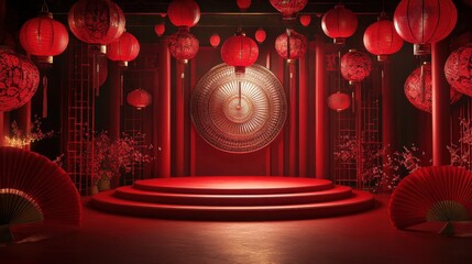 Elegant Red Stage with Lanterns and Gold Elements