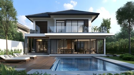 Fototapeta premium Modern House with Swimming Pool and Deck Design