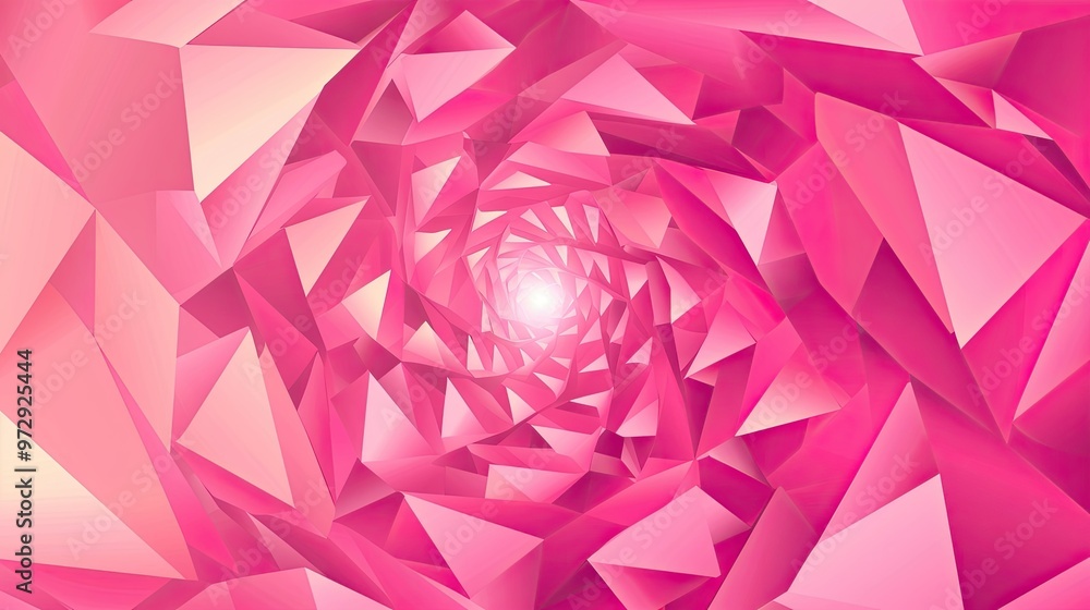 Poster a vibrant pink spiral composed of geometric shapes, creating a dynamic and abstract visual effect.