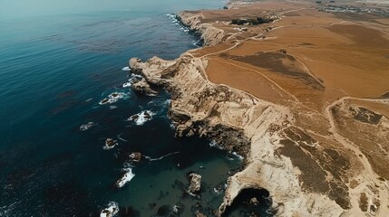 Stunning aerial view of rugged coastline featuring steep cliffs and turquoise waters near a lush, golden landscape during sunny weather